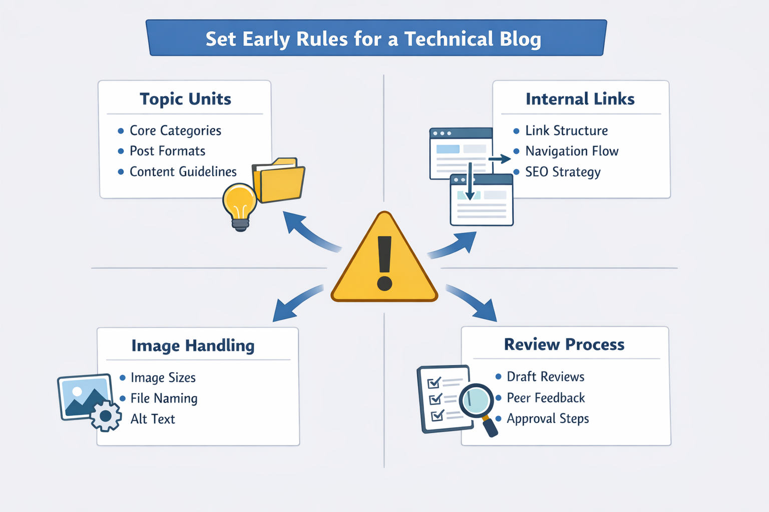 A diagram showing how a technical blog connects unit pages, post structure, images, and review memory.