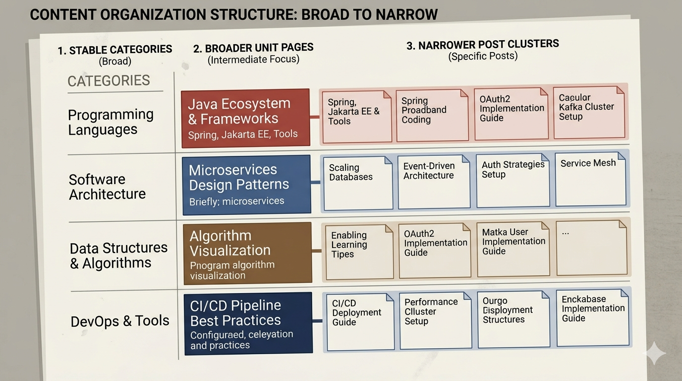 A document-style structure map showing a small category set, broader unit pages, and narrower post clusters for a technical blog.