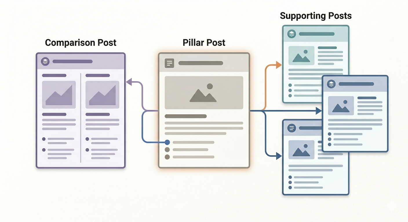 A practical diagram showing one pillar post, several supporting posts, and one comparison post arranged by role inside a technical blog cluster.
